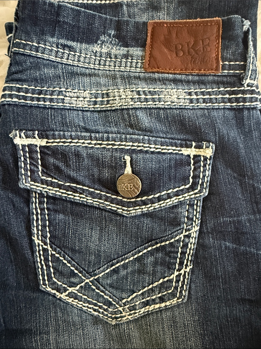 BKE Dark Indigo Jeans with White Stitching and Brown Leather Patch